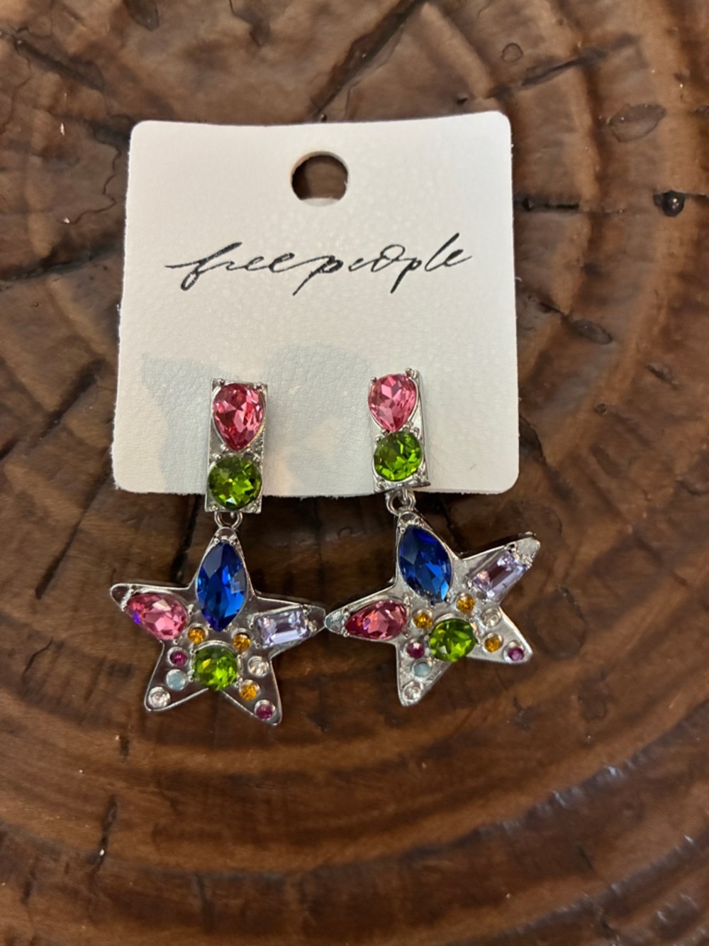 Free People Nancy Ann Earrings Silver Star-shaped  Color Gems New with Tags